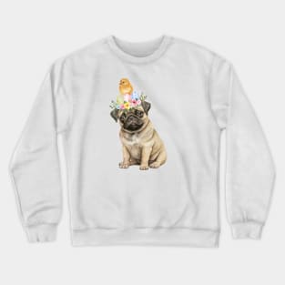 Sweet baby pug wit easter wreath and lttle yellow chicken on the head Crewneck Sweatshirt